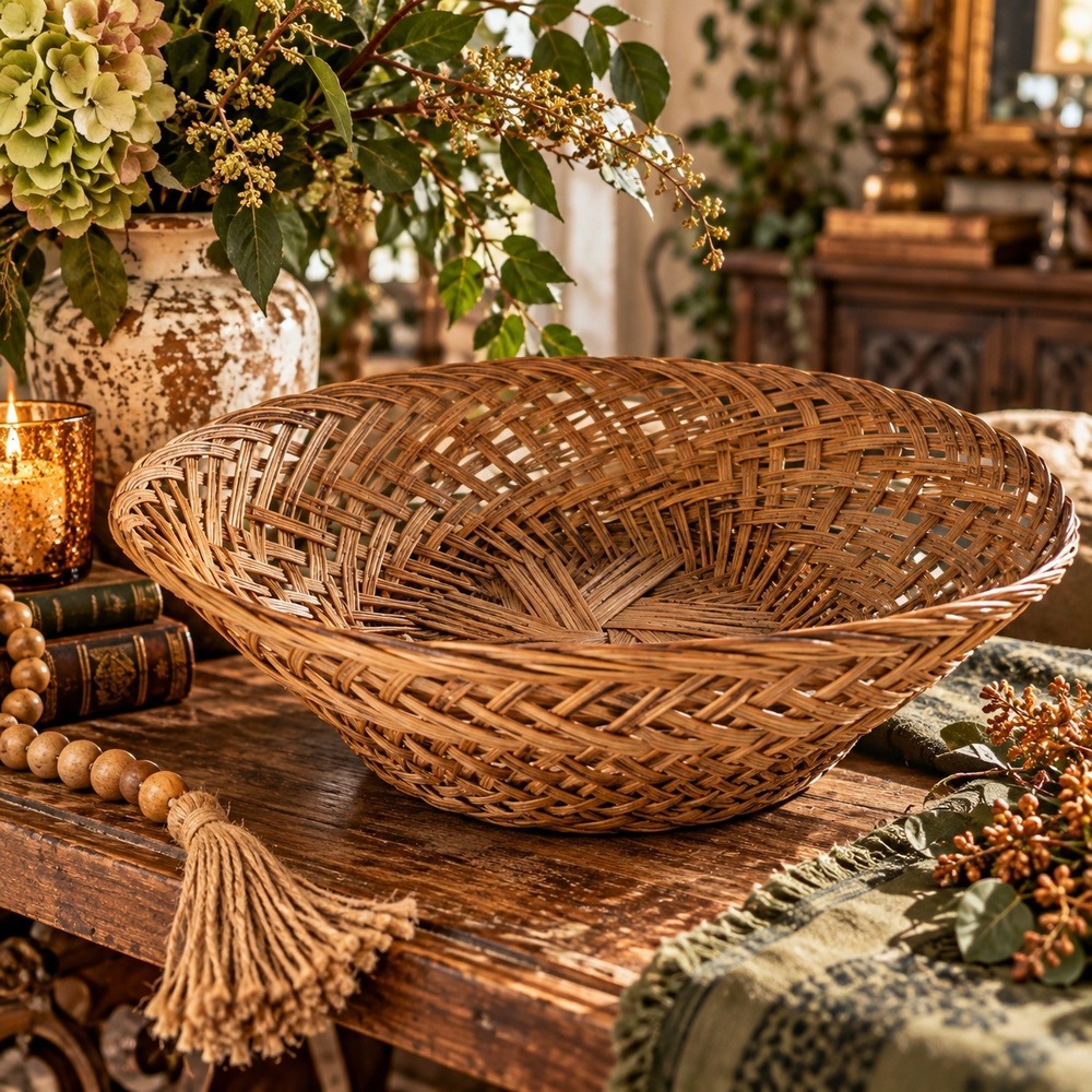Vintage Handwoven Rattan Basket Large Wicker Centerpiece Boho Starburst Bowl